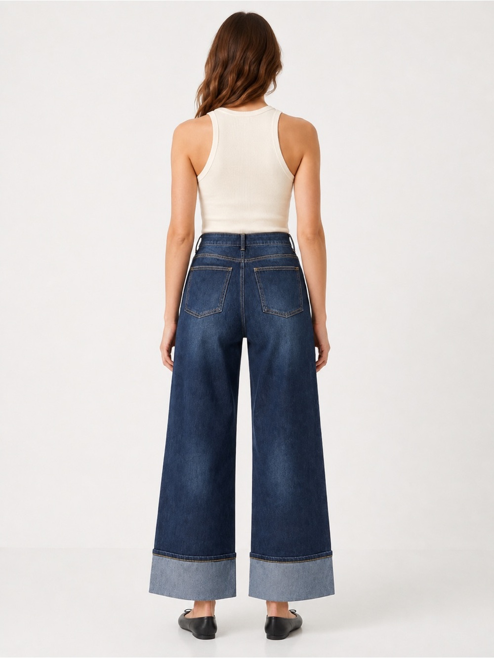 HALARA Dark Blue Wide-Leg Cuffed Jeans with Contrast Hem - Picture 3 of 6